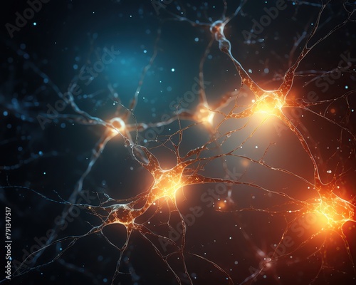 Neurons firing and connecting, forming a network with electrical sparks and dynamic lines,