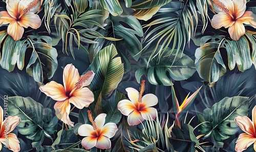 tropical seamless pattern with exotic leaves strelitzia flowers hibiscus and plumeria vintage texture floral background dark watercolor 3d illustration for luxury wallpapers, Generative AI