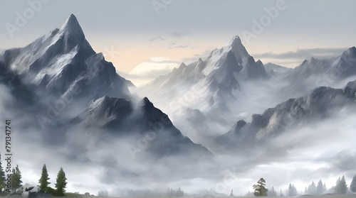 Mountains panorama. Forest mountain range landscape, blue mountains n twilight, camping nature landscape silhouette vector illustration. Forest range landscape, panorama silhouette hill. generative.ai photo