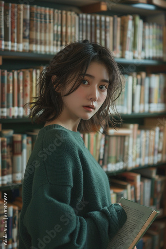 a very beautiful and pretty Japanese 20 year old woman in front of a wall full of bookshelves, holding a book and looking at the camera. Her face is expressionless. She is wearing a green sweater.
