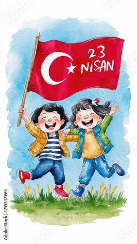 Joyful Turkish children celebrate the 23rd of April. Turkish children celebrating Children's Day watercolor style photo