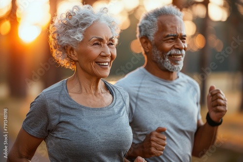 Elderly couple enjoying a romantic evening jog in the park as the sun sets behind them photo