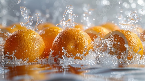 A splash of water is falling on a bunch of oranges