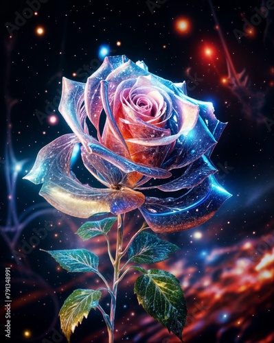 Beautiful rose flower with cosmic space background,  illustration.