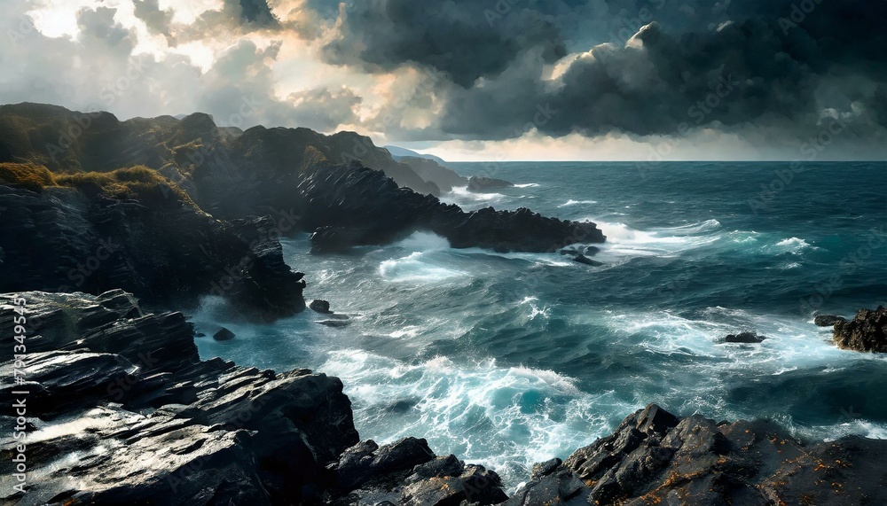 person on the beach, lone figure standing on a rocky shore, facing a vast ocean, embodying resilience