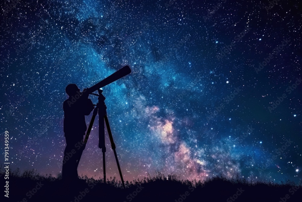 silhouette of a man observing stars using a telescope with a galaxy background silhouette of a man observing stars using a telescope with a galaxy background
