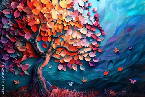 Colorful tree with multicolor leaves illustration background. 3d abstraction wallpaper for interior mural wall art decor, Generative AI photo