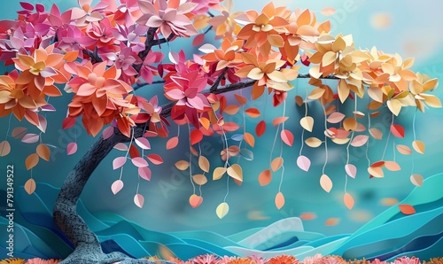 Colorful tree with leaves on hanging branches illustration background. 3d abstraction wallpaper . Floral tree with multicolor leaves, Generative AI photo