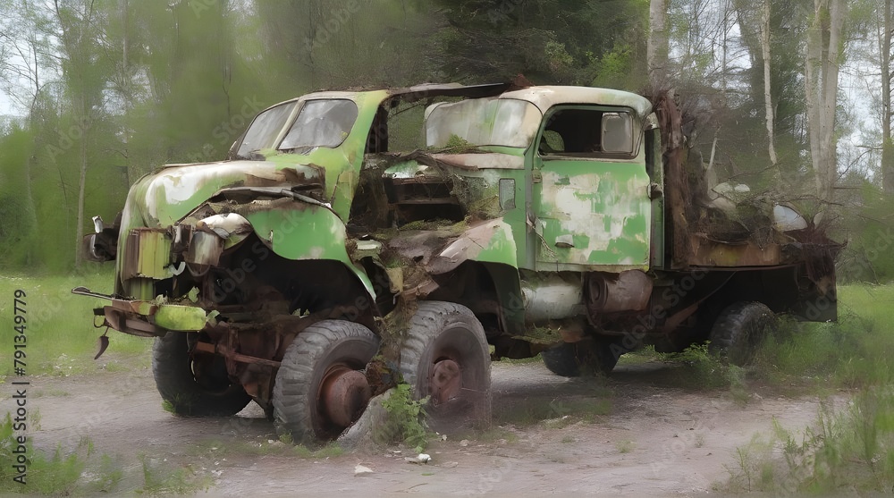Old wrecked white and green truck. Abandoned rusty military truck. Decayed abandoned truck. Tragedy and loss. Financial crunch and economic recession concept. Old decayed. generative.ai