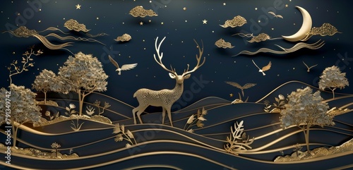 A gold deer in a field with trees and the moon in the background.3d Modern Interior Mural Wall Art Wallpaper With  deer birds and waves of gold on a dark blue background  Generative AI