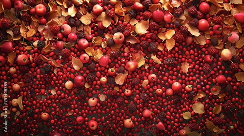 A vibrant display of autumn berries and fruits, such as apples, blackberries, and cranberries, complemented by golden leaves, arranged in a rich and dense pattern photo