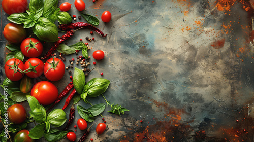 culinary background, cherry tomatoes and herbs on a dark background
