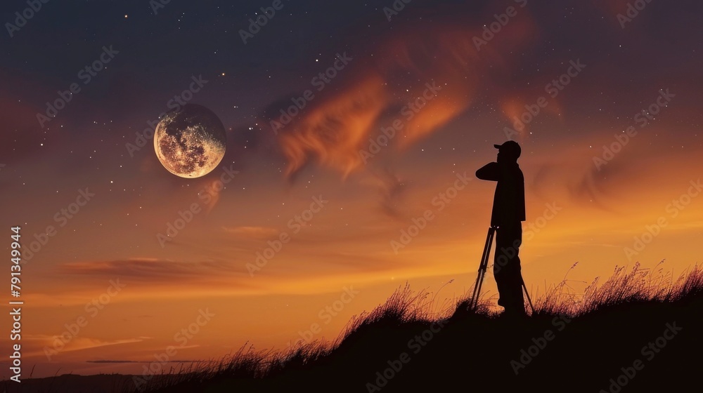 silhouette of a man observing the moon at dusk using a telescope