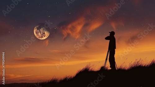 silhouette of a man observing the moon at dusk using a telescope
