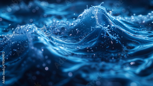 Close-up of a dynamic wave in crystal clear deep blue water with bubbles and ripples reflecting light