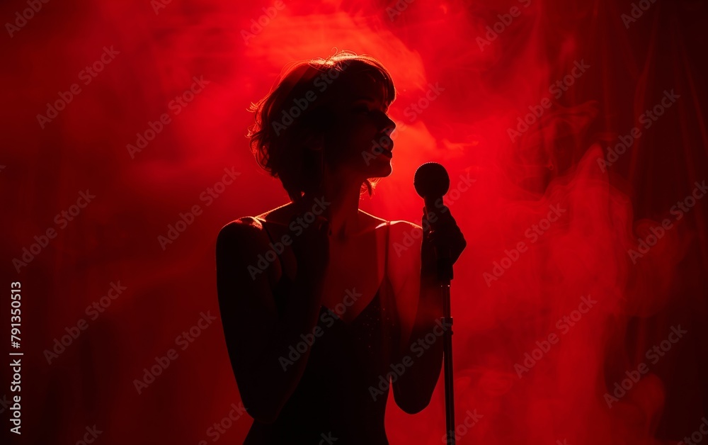 Female Singer Holding Microphone, Smoky Concert Background - Live Performance, Entertainment Industry, Vocal Artist - Music, Entertainment.