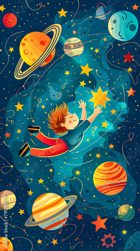 A young, animated astronaut child floats among whimsically illustrated planets and stars, evoking dreams of space exploration.