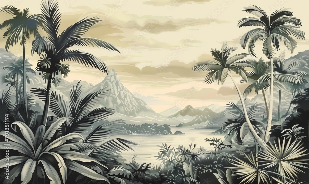 Tropical Exotic Landscape Wallpaper. Hand Drawn Design. Luxury Wall Mural, Generative AI