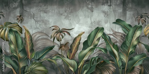 Tropical leaves on a gray background. Photo wallpaper with leaves. Fresco for the interior. Wall decor in grunge style. Painted leaves. Photo wallpapers, Generative AI