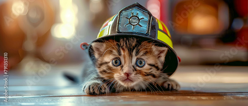 A kitten wearing a tiny firefighter helmet photo
