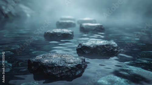 A series of rocks are floating in the water, creating a path across the lake
