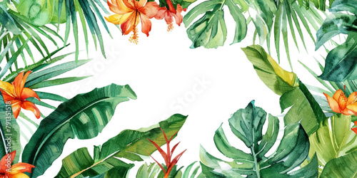 watercolor tropical leaves and flowers frame on a white background