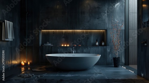 minimalist modern bathroom interior with dark colored walls