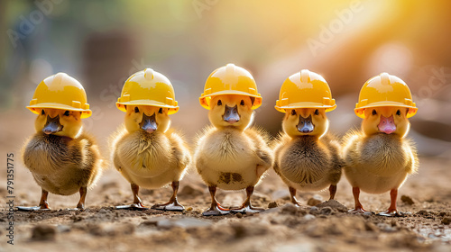 Ducklings in a row wearing construction helmets