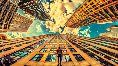 A man stands on a ledge of a tall building, looking out over the city