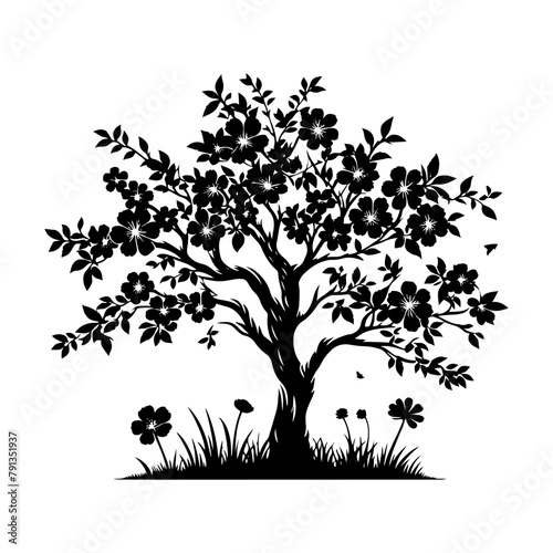 Night's Blossom: Black Vector Cherry Tree Silhouette, Nature's Beauty Unveiled Under Moon's Gaze- Cherry Tree Illustration-Cherry Tree Vector Stock.