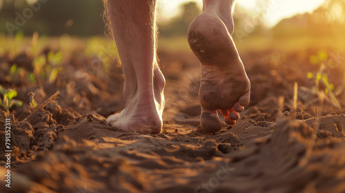 Man farmer feet walking on the ground of a field close to nature and crops