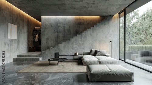 Minimalist modern living room with cement plaster walls © AgungRikhi
