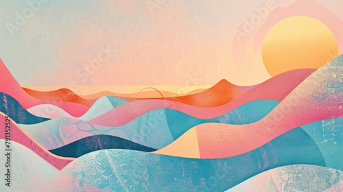 A lively pastel gradient forms the backdrop for a retro-style illustration, enhanced with vibrant geometric shapes, capturing the essence of both vintage and contemporary design