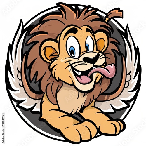 Circular logo of a cartoon Lion with his tongue sticking out