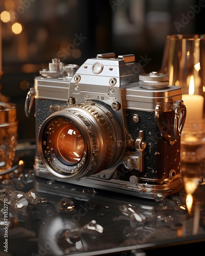 Vintage camera on a table in a restaurant. Selective focus. © Iman