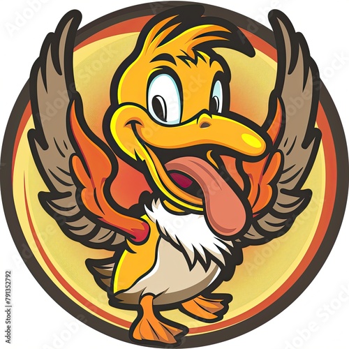 circular logo of a cartoon Lion duck with his tongue sticking out and touhing his wings photo