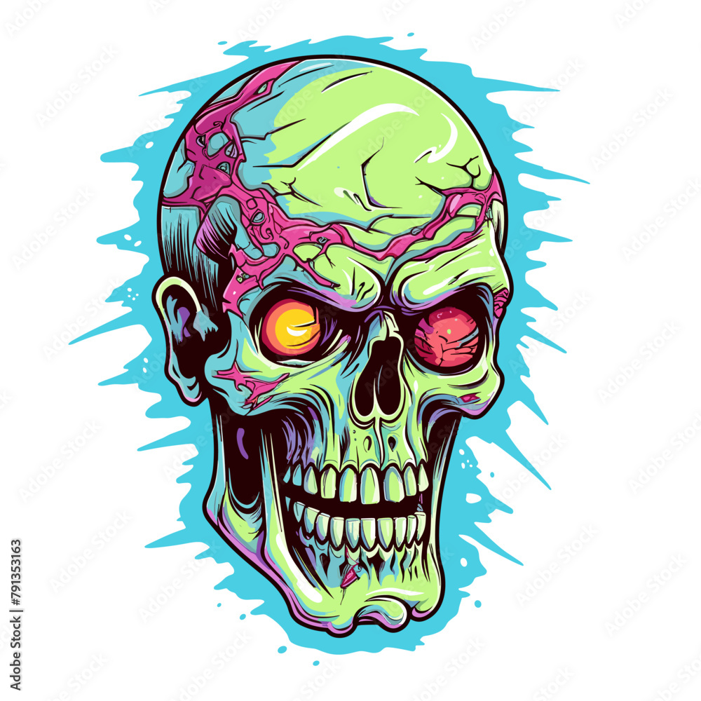 Psychedelic zombie skull design tshirt design vector