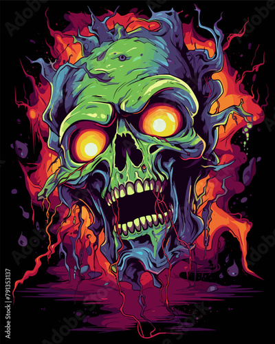 Psychedelic zombie skull design tshirt design vector