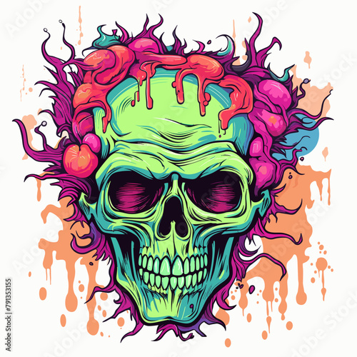 Psychedelic zombie skull design tshirt design vector