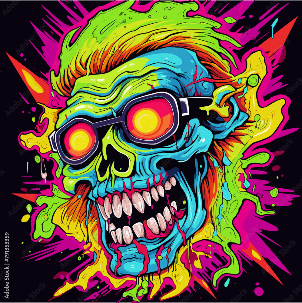 Psychedelic zombie skull design tshirt design vector