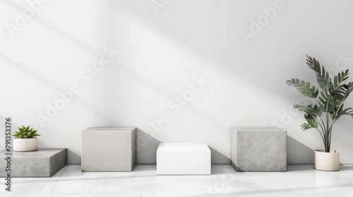 multiple pedestals in a studio, minimalist decor, straight line, product photography, white background, copy and text space, 16:9