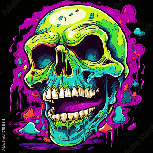 Psychedelic zombie skull design tshirt design vector