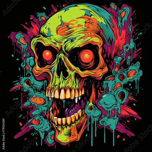 Psychedelic zombie skull design tshirt design vector