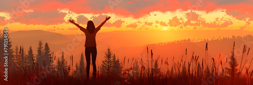  Women day wallpaper a silhouette of a woman with hands raised in the air on colorful red and yellow background,  Girl standing in a field of wheat raising her hands in the air at sunset background 
  photo