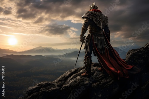 Medieval knight on the top of a mountain. 3d illustration photo