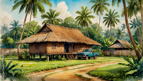 A traditional Malay wooden house surrounded by a spacious yard with banana trees, coconut trees around the house and an old car parked in the yard.