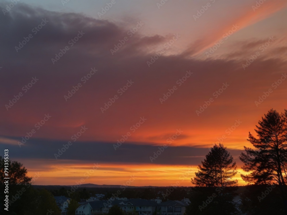 Spectral Sunset: Sky Painted in Fiery Hues, Sun's Final Farewell Casts Blaze of Color Across Horizon