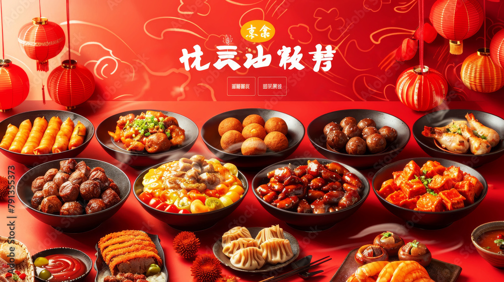 A festive spread of traditional Chinese New Year foods and decorations with red lanterns and calligraphy, ai generated