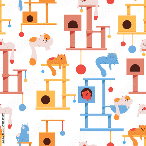 Cat tree towers vector cartoon seamless pattern background.