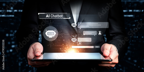 Human interact with AI artificial intelligence virtual assistant chatbot in concept of AI artificial intelligence prompt engineering, LLM AI deep learning to use generative AI for work support. NLP